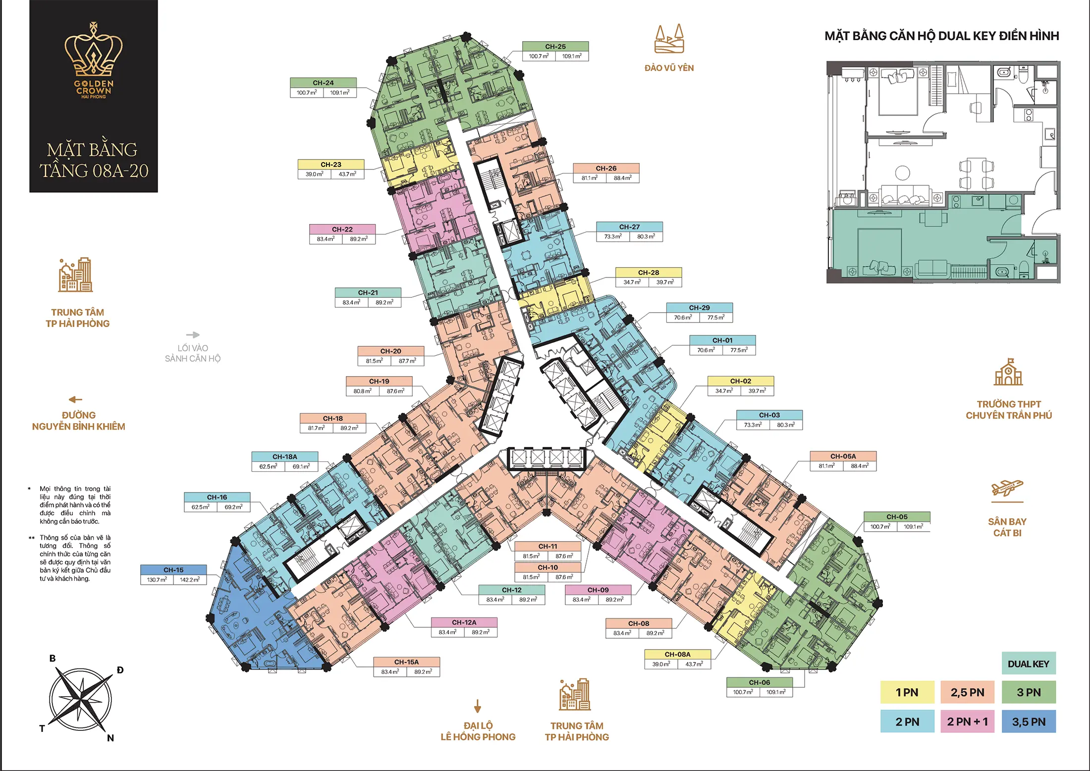 Mặt bằng điển hình Tầng 08A đến Tầng 20 tòa căn hộ Golden Crown Hải Phòng của chủ đầu tư DojiLand.