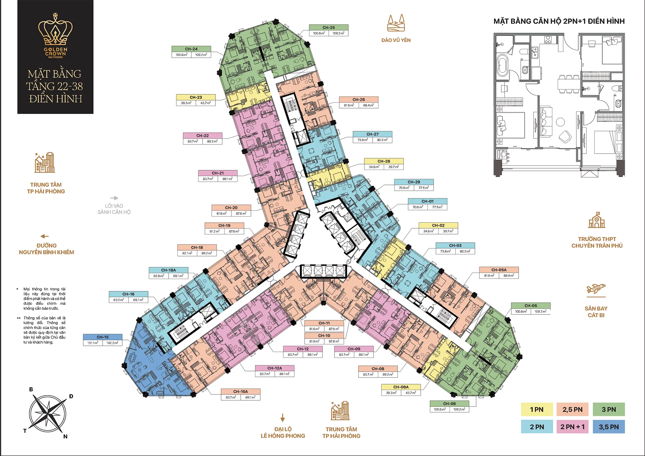 Mặt bằng điển hình Tầng 22 đến Tầng 38 tòa căn hộ Golden Crown Hải Phòng của chủ đầu tư DojiLand.