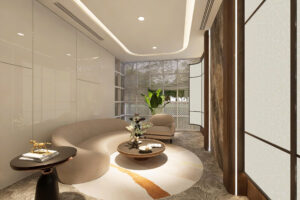 Thiết kế nội thất phòng khách hiện đại với đường cong mềm mại tại The Vista Văn La