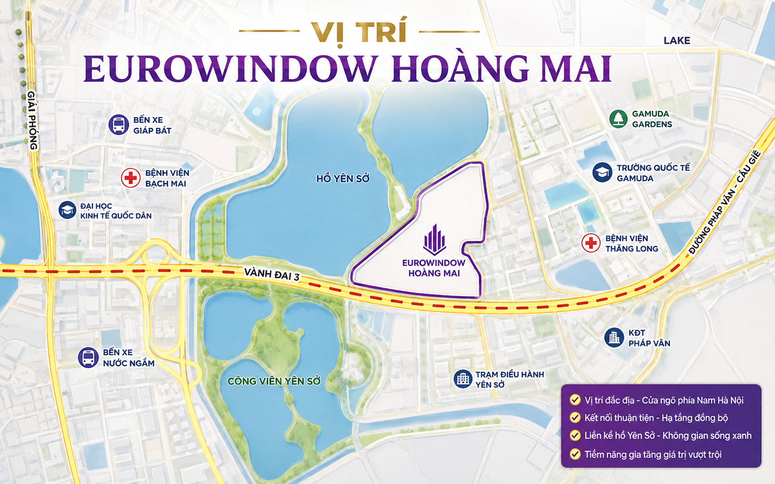 Vị trí dự án Eurowindow Lake City Hoàng Mai kết nối thuận tiện Vành đai 2.5, Vành đai 3 và trung tâm Hà Nội.